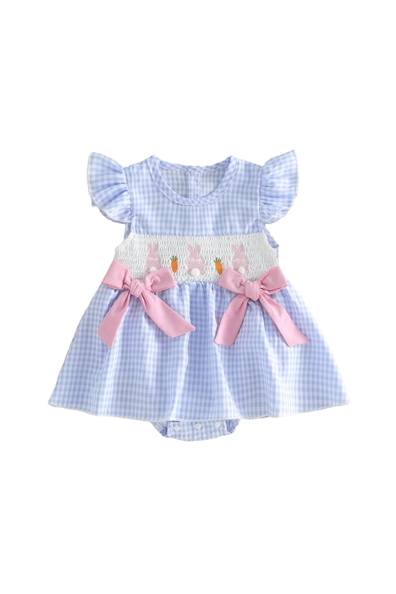 Newborn Baby Girls Easter Outfits Easter Bunny Romper Dress Rabbit Embroidered Plaid Bows Smocked Flying Sleeve Newborn Bodysuit Spring Summer Clothes