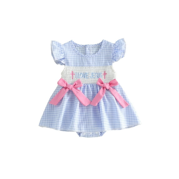 BemeyourBBs Newborn Baby Girls Easter Outfits Easter Bunny Romper Dress Rabbit Embroidered Plaid Bows Smocked Flying Sleeve Newborn Bodysuit Spring Summer Clothes