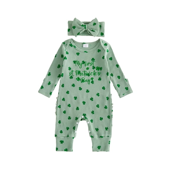 BemeyourBBs Newborn Baby Girls My Fisrt St Patricks Day Outfits Irish Spring Clothes Rompers Letter Embroidery Clover Print Long Sleeve Infant Bodysuits Jumpsuits with Headband