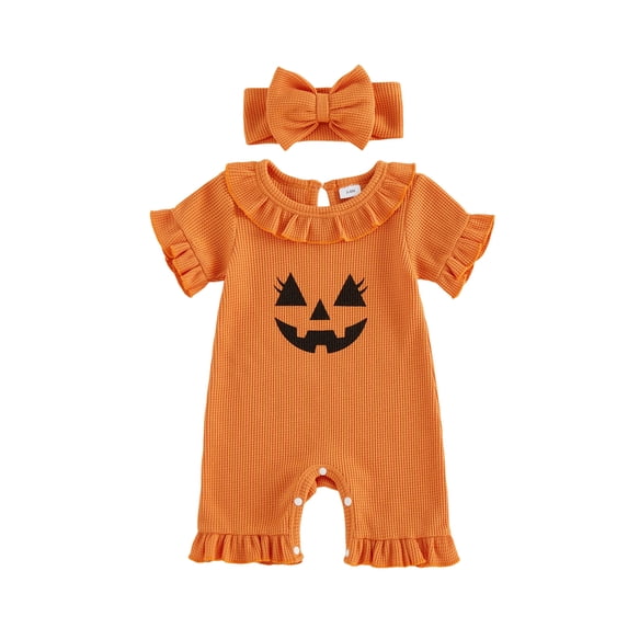 BemeyourBBs Newborn Baby Girls Halloween Outfits Baby Girl Summer Fall Clothes Infant Waffled Pumpkin Romper Cute Grimace Print Ruffled Short Sleeve Jumpsuit Shorts and Headband Set