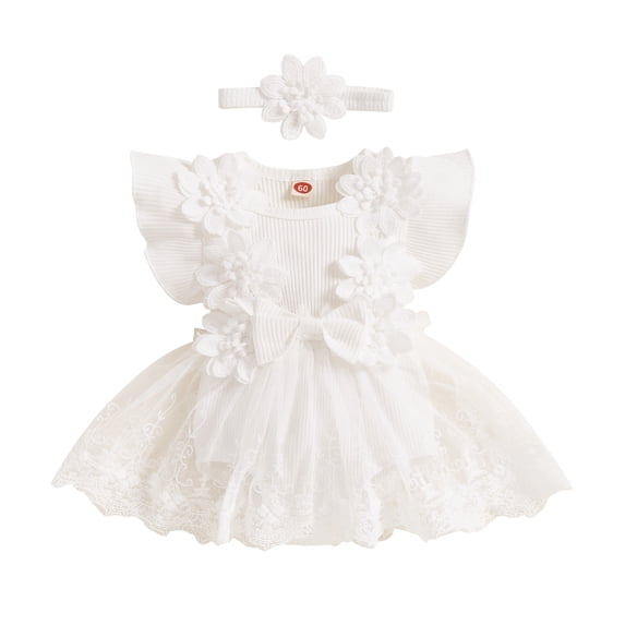 BemeyourBBs Newborn Baby Girls Lace Embroidery Romper Dress Toddler Baby Girls Birthday Outfit Party Baptism Dress Fairy Tulle Tutu Dress Bodysuit Cake Smash Dresses Headband