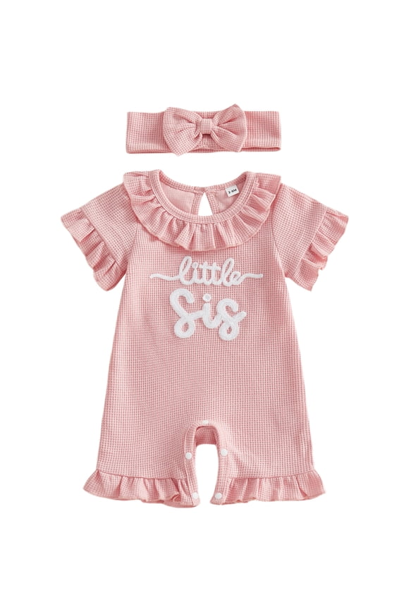 Newborn Baby Girls Little Sister Outfit Waffle Knit Ruffle Romper Little Sis Letter Embroidery Short Sleeve Infant Bodysuit Jumpsuit Headband Cute Baby Girl Summer Clothes
