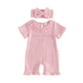 thumbnail image 1 of BemeyourBBs Newborn Baby Girls Little Sister Outfit Waffle Knit Ruffle Romper Little Sis Letter Embroidery Short Sleeve Infant Bodysuit Jumpsuit Headband Cute Baby Girl Summer Clothes, 1 of 9