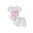 thumbnail image 1 of BemeyourBBs Newborn Baby Girls Little Sister Outfits Infant Girl Summer Clothes Waffle Knit Letter Embroidery Short Sleeve Romper and Elastic Waist Shorts Set, 1 of 9