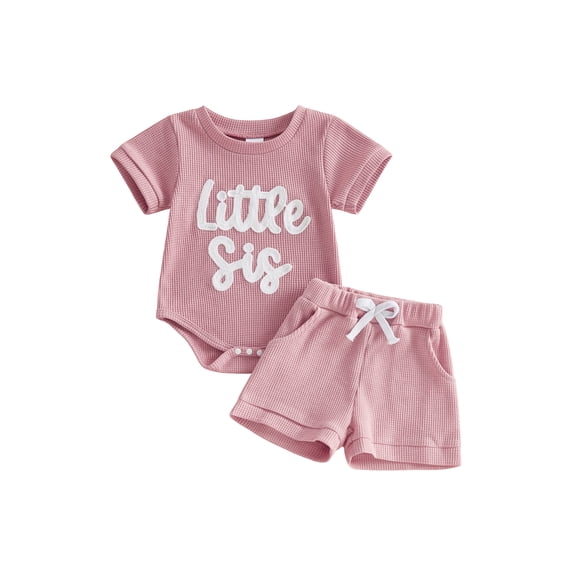 BemeyourBBs Newborn Baby Girls Little Sister Outfits Infant Girl Summer Clothes Waffle Knit Letter Embroidery Short Sleeve Romper and Elastic Waist Shorts Set