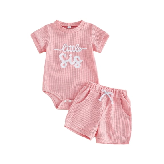 BemeyourBBs Newborn Baby Girls Little Sister Outfits Waffle Knit Little Sis Letters Letters Embroidery Short Sleeve Romper with Pockets Shorts Set 2Pcs Infant Baby Girl Summer Clothes