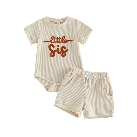 BemeyourBBs Newborn Baby Girls Little Sister Outfits Waffle Knit Little Sis Letters Letters Embroidery Short Sleeve Romper with Pockets Shorts Set 2Pcs Infant Baby Girl Summer Clothes