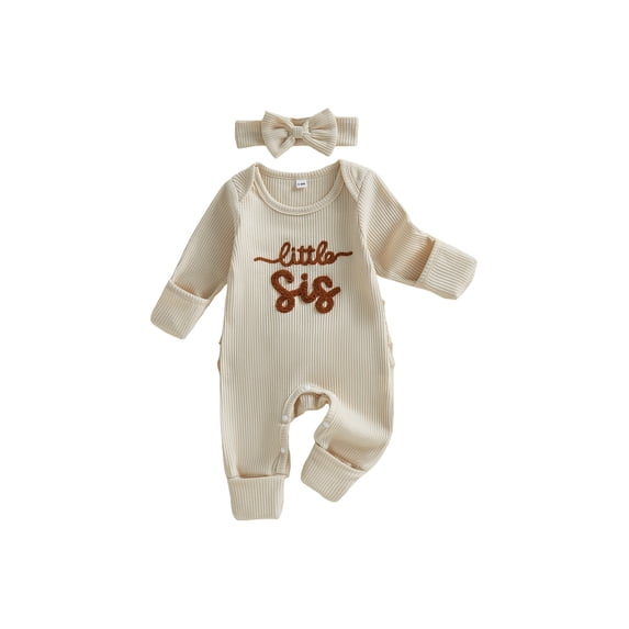 BemeyourBBs Newborn Baby Girls Little Sister Outfits Waffle Knit Romper Little SisLetter Embroidery Long Sleeve Back Ruffled Jumpsuit with Headband Spring Fall Winter Clothes
