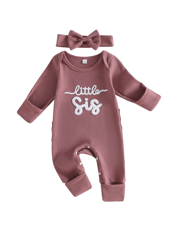 Newborn Baby Girls Little Sister Outfits Waffle Knit Romper Little SisLetter Embroidery Long Sleeve Back Ruffled Jumpsuit with Headband Spring Fall Winter Clothes