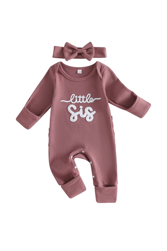 Newborn Baby Girls Little Sister Outfits Waffle Knit Romper Little SisLetter Embroidery Long Sleeve Back Ruffled Jumpsuit with Headband Spring Fall Winter Clothes