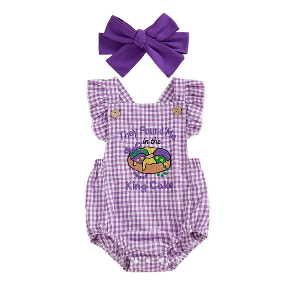 BemeyourBBs Newborn Baby Girls Mardi Gras Outfits They Found Me In A King Cake Carnival Summer Clothes Plaid Gingham Romper Cute Embroidery Ruffle Fly Sleeve Jumpsuit Headband
