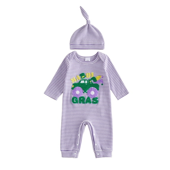 BemeyourBBs Newborn Baby Girls Mardi Gras Outfits Waffle Knit Rompers Fall Winter Spring Carnival Clothes Car Letter Embroidery Striped Long Sleeve Infant Bodysuits Jumpsuits with Hat