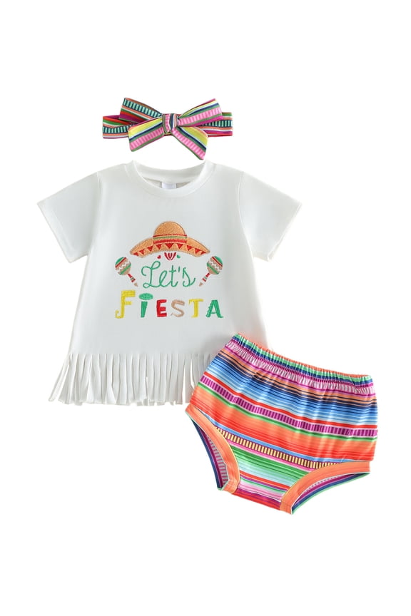 Newborn Baby Girls Mexican Fiesta Outfits Cinco De Mayo Baby Girl Outfit Summer Clothes Embroidery Tassel Short Sleeve T-shirt And Striped Shorts Set