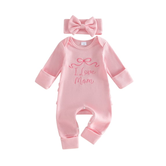 BemeyourBBs Newborn Baby Girls Mother's Day Father's Day Outfit Infant Baby Girls Spring Fall Winter Clothes Waffled Romper I Love Mom Dad Letter Bow Sleeves Jumpsuits and Cute Headband Set
