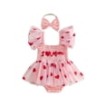 thumbnail image 1 of BemeyourBBs Newborn Baby Girls Mother's Day Father's Day Outfit Summer Romper Dress Baby Girl Clothes I Love Mom Dad Letter Heart Smocked Flying Sleeve Tulle Tutu Dress and Bow Headband Set, 1 of 9