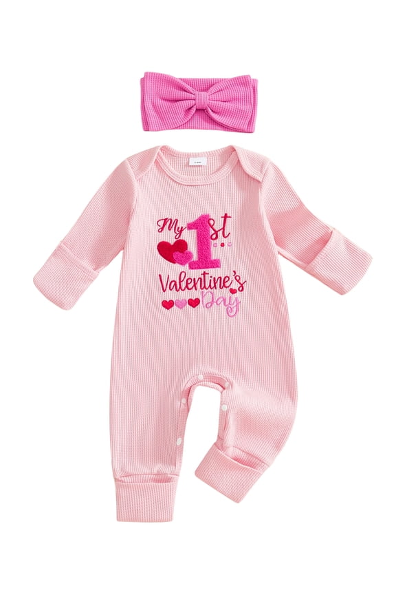 Newborn Baby Girls My First Valentine Day Outfits Romper Cute Letters Heart Embroidery Long Sleeve Jumpsuit with Headband