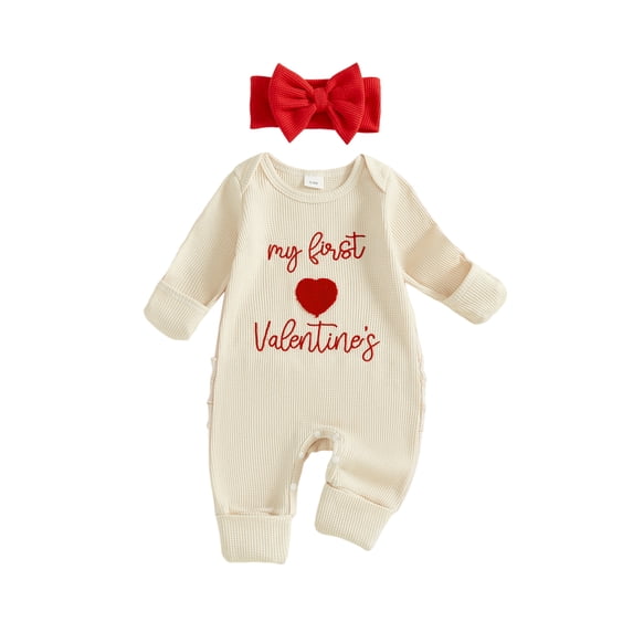 BemeyourBBs Newborn Baby Girls My First Valentines Day Romper Cute Letters Heart Embroidery Long Sleeve Jumpsuit with Headband