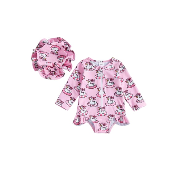 BemeyourBBs Newborn Baby Girls One Piece Swimsuit Infant Girl Bathing Suit Long Sleeve Zipper Swimwear Rash Guard with Hat Set UPF 50+ Summer Beach Wear
