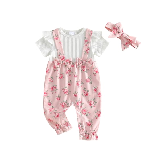 BemeyourBBs Newborn Baby Girls Spring Summer Clothes Floral Romper one-piece Daisy Print Fake Two Pieces Short Sleeve Round Neck Jumpsuit with Bow Headband Set