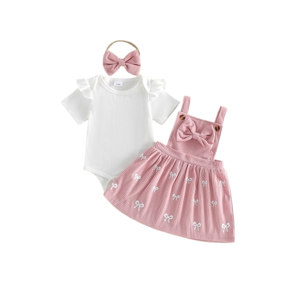 BemeyourBBs Newborn Baby Girls Spring Summer Fall Clothes Cute Infant Baby Girls 3 Piece Outfit Ribbed Short Sleeve Romper with Bow Print Suspender Skirt Overalls Dress Set