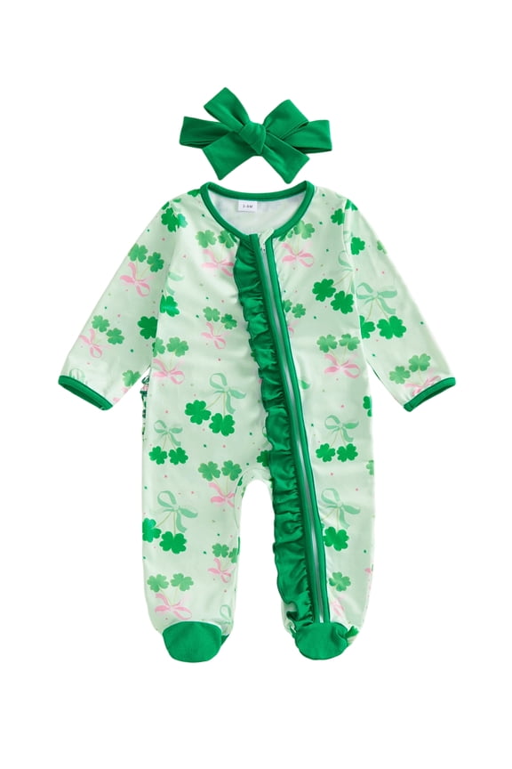 Newborn Baby Girls St Patricks Day Outfit Ruffle Footed Romper Long Sleeve Clover Printed Oblique Zip Up Footie Jumpsuit Headband Cute Infant Spring Fall Winter Clothes