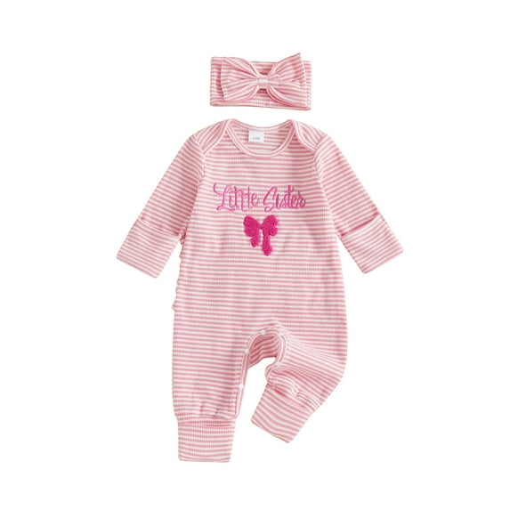 BemeyourBBs Newborn Baby Girls Stripe Romper Daddy's Girl Outfits Letter Bow Embroidery Long Sleeve Jumpsuit with Headband Set