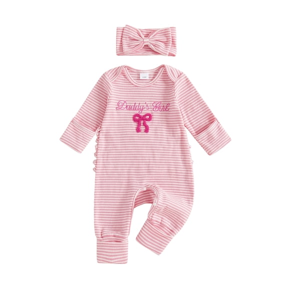 BemeyourBBs Newborn Baby Girls Stripe Romper Daddy's Girl Outfits Letter Bow Embroidery Long Sleeve Jumpsuit with Headband Set