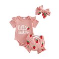 thumbnail image 1 of BemeyourBBs Newborn Baby Girls Summer Clothes Baby Girl Little Sister Mama's Girl Outfit Cute Letter Print Short Sleeve Ribbed Romper Elastic Strawberry Floral Ruffled Shorts Headband 3-Piece Set, 1 of 9