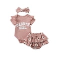 thumbnail image 1 of BemeyourBBs Newborn Baby Girls Summer Clothes Baby Girls Daddy's Girl Outfit 0 3 6 12 18 Months Letters Print Short Sleeve Ribbed Romper Floral Ruffled Shorts Set Hairband, 1 of 9