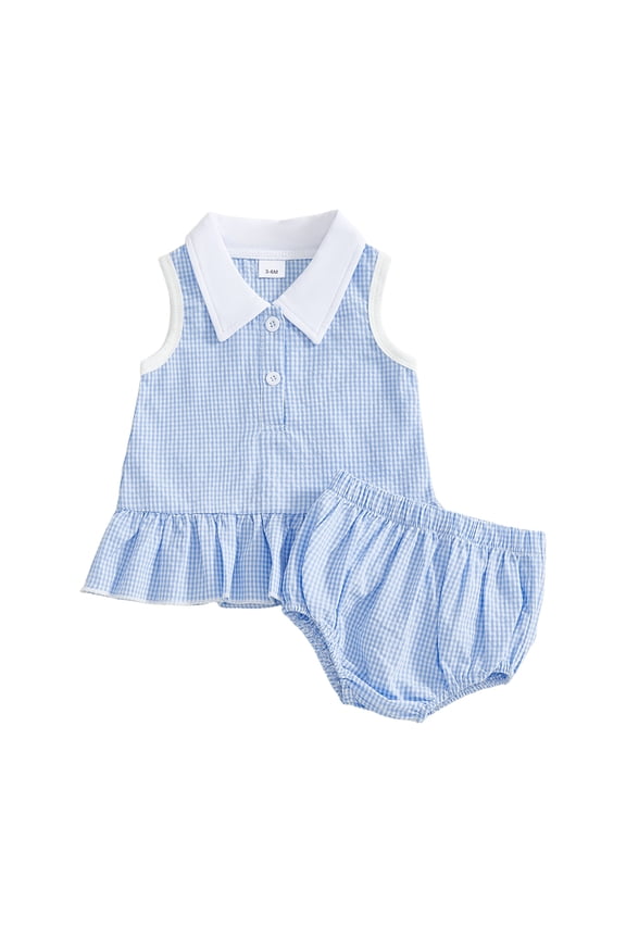 Newborn Baby Girls Summer Clothes Cute 2 Pieces Plaid Gingham Outfit Infant Collar Button Down Ruffle Tank Tops with Bubble Shorts Set