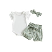 BemeyourBBs Newborn Baby Girls Summer Clothes Cute Infant Baby Girl Outfits Short Sleeve Ribbed Romper Belted Daisy Print Shorts Sets Headband 3Pcs