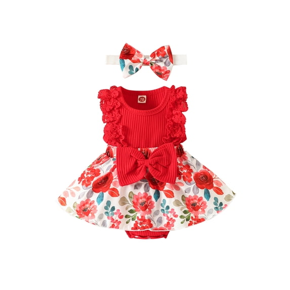 BemeyourBBs Newborn Baby Girls Summer Clothes Cute Infant Baby Girls Romper Dress Rib Knit Flower Print Lace Sleeveless Front Bowknot Princess Dress Headband
