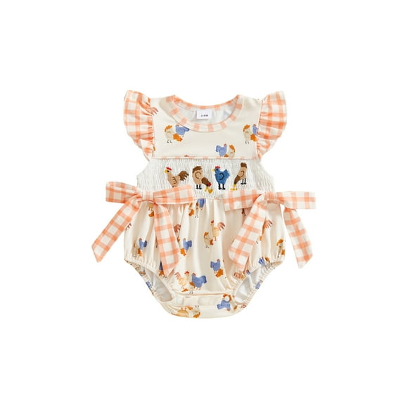 BemeyourBBs Newborn Baby Girls Summer Clothes Farm Rooster Outfit Chicken Bubble Romper Plaid Chick Print Flying Sleeve Crew Neck Bow Smocked Bodysuit With Bow