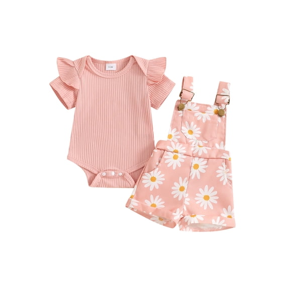 BemeyourBBs Newborn Baby Girls Summer Clothes Infant Baby Girl 2 Piece Outfit Daisy Bib Overalls Set Short Sleeve Rib Knit Romper With Flower Print Suspender Shorts Set Pockets