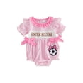 thumbnail image 1 of BemeyourBBs Newborn Baby Girls Summer Clothes Infant Baby Girl Football Outfit Striped Bubble Romper Football Sister Scoccer Letter Embroidery Side Bow Short Sleeve Bodysuit Jumpsuit Playsuit, 1 of 9