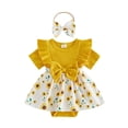 thumbnail image 1 of BemeyourBBs Newborn Baby Girls Summer Clothes Infant Baby Girls Romper Dress Ruffle Short Sleeve Watermelon Sunflower Bow Print Patchwork Bodysuit Dress with Bow Headband, 1 of 9