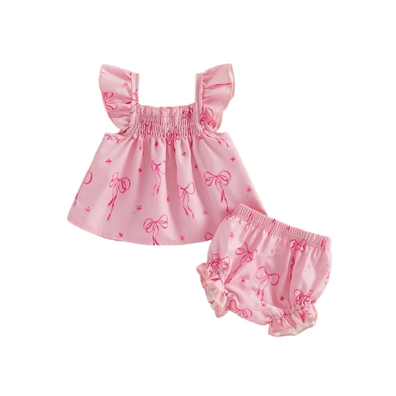 BemeyourBBs Newborn Baby Girls Summer Clothes Infant Baby Girls Smocked Outfits Cute Bow Print Flying Short Sleeve Babydoll Tunic Shirt Tops and Bubble Bloomer Shorts Set