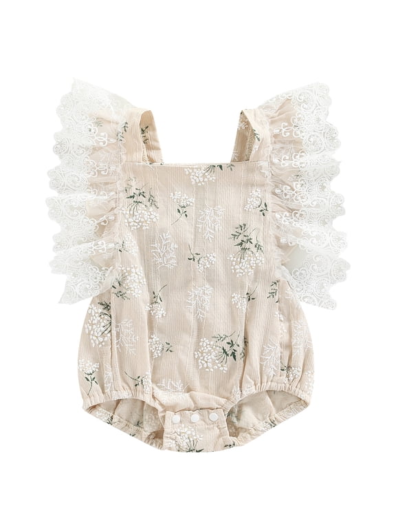 Newborn Baby Girls Summer Clothes Outfit Infant Baby Girl Bubble Romper Lace Flying Sleeve One Piece Floral Bodysuit Backless Playsuit Sumsuit