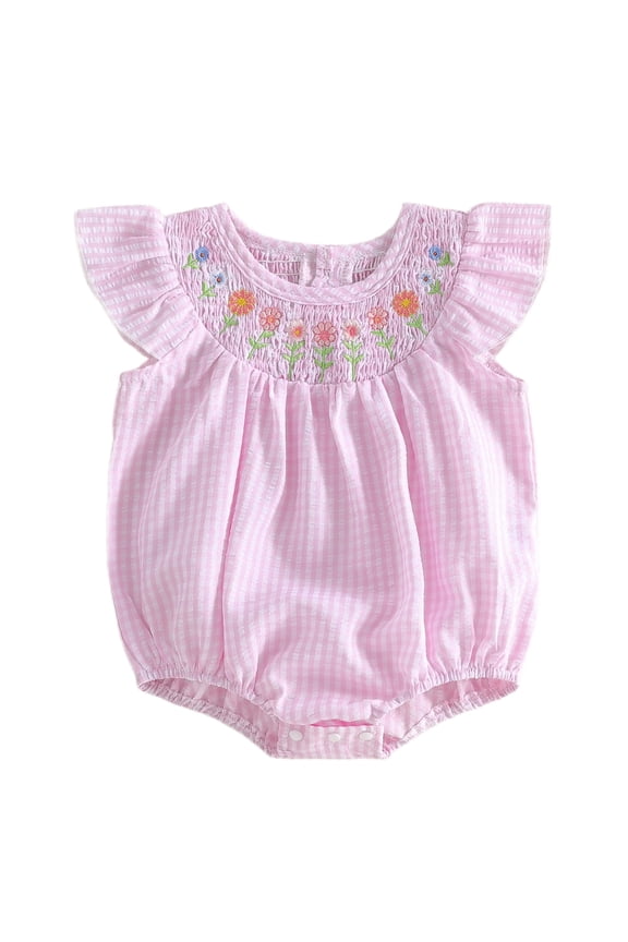 Newborn Baby Girls Summer Clothes Plaid Gingham Smocked Bubble Rompers Flower Embroidery Round Neck Fly Sleeve Infant Bodysuits Jumpsuits