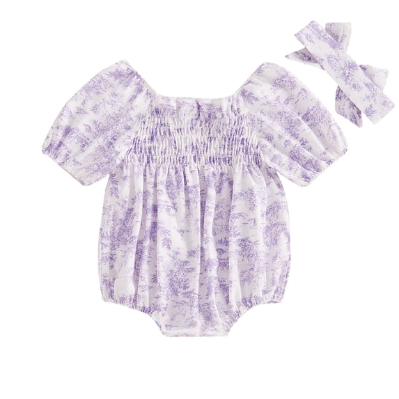 BemeyourBBs Newborn Baby Girls Summer Clothes Smocked Bubble Rompers Floral Print Ruched Puff Sleeve Bodysuits Playsuit Infant Baby Girl Jumpsuits with Headband