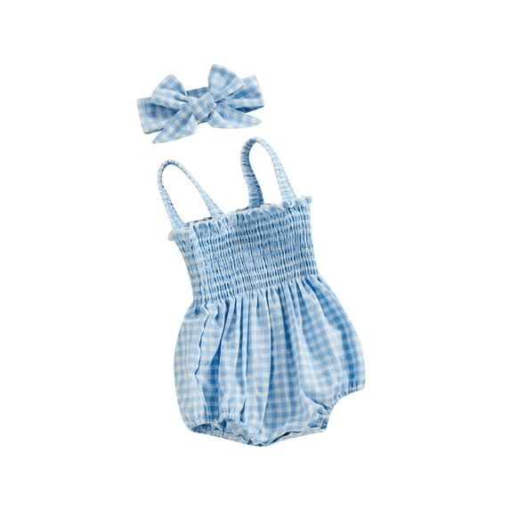 BemeyourBBs Newborn Baby Girls Summer Clothes Smocked Outfits Infant Plaid Gingham Bubble Romper Sleeveless Strap Bodysuit with Headband Set
