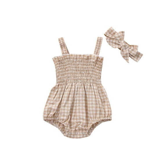 BemeyourBBs Newborn Baby Girls Summer Clothes Smocked Outfits Infant Plaid Gingham Bubble Romper Sleeveless Strap Bodysuit with Headband Set