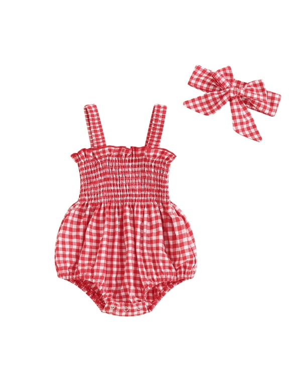 Newborn Baby Girls Summer Clothes Smocked Outfits Infant Plaid Gingham Bubble Romper Sleeveless Strap Bodysuit with Headband Set