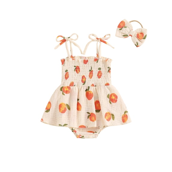 BemeyourBBs Newborn Baby Girls Summer Clothes Smocked Romper Dress Strap Tie Up Sleeveless Peach Print Bodysuit Playsuit Jumpsuit with Headband