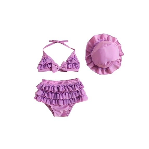 BemeyourBBs Newborn Baby Girls Swimsuit Summer 2 Piece Bikini Set with Sun Hat Beach Holiday Outfit Tie Up Halter Neck Bikini Tops Layered Ruffle Shorts Hat Set