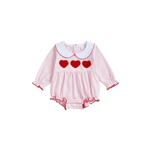 BemeyourBBs Newborn Baby Girls Valentines Day Outfits Bubble Romper Stripe Heart Embroidery Long Sleeve Peter Pan Collar Bodysuit Spring Clothes