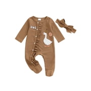 BemeyourBBs Newborn Baby Goose Outfit Fall Winter Spring Clothes Romper Letter Duck Embroidery Long Sleeve Round Neck Footed Jumpsuit with Headband