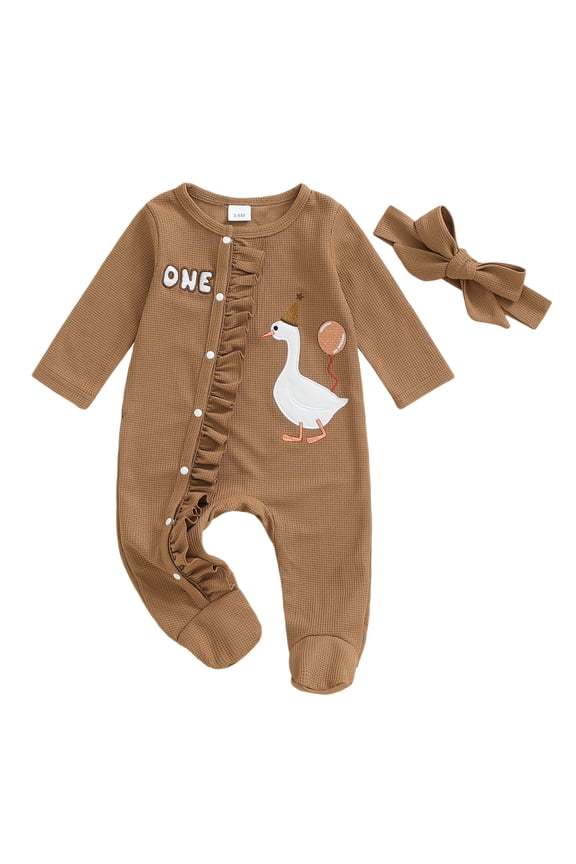 Newborn Baby Goose Outfit Fall Winter Spring Clothes Romper Letter Duck Embroidery Long Sleeve Round Neck Footed Jumpsuit with Headband