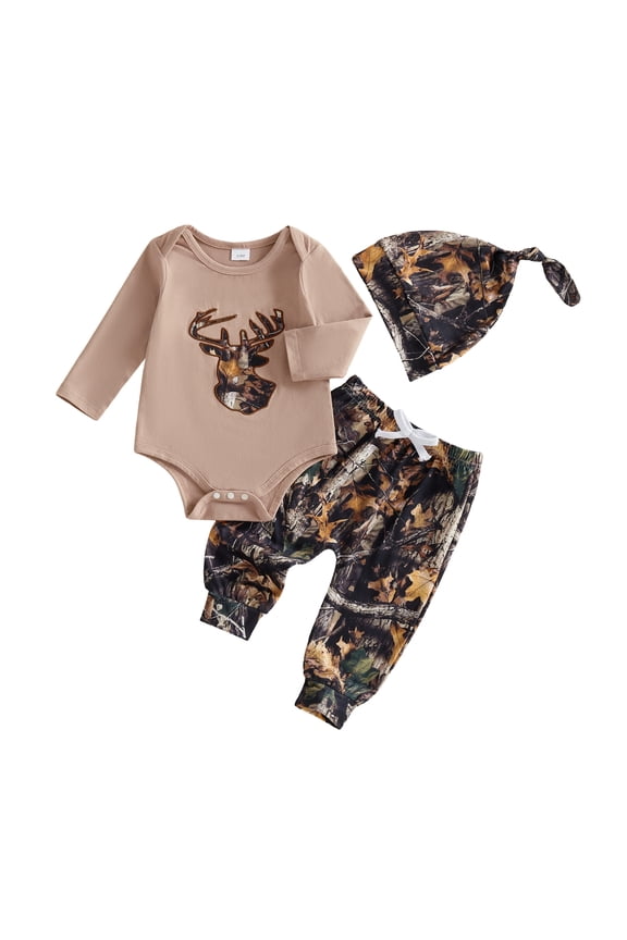 Newborn Baby Hunting Clothes Baby Boy Girl Camo Outfits Camouflage Clothing Deer Long Sleeve Romper Jungle Camo Pants Set Hat 3 Piece Spring Fall Winter Outfit