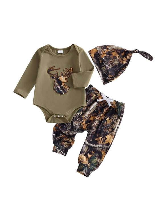 Newborn Baby Hunting Clothes Baby Boy Girl Camo Outfits Camouflage Clothing Deer Long Sleeve Romper Jungle Camo Pants Set Hat 3 Piece Spring Fall Winter Outfit